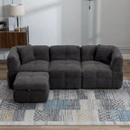 Divano Sezionale a 4 Posti in Pile Orsetto Grigio / Bianco Crema con Pouf
