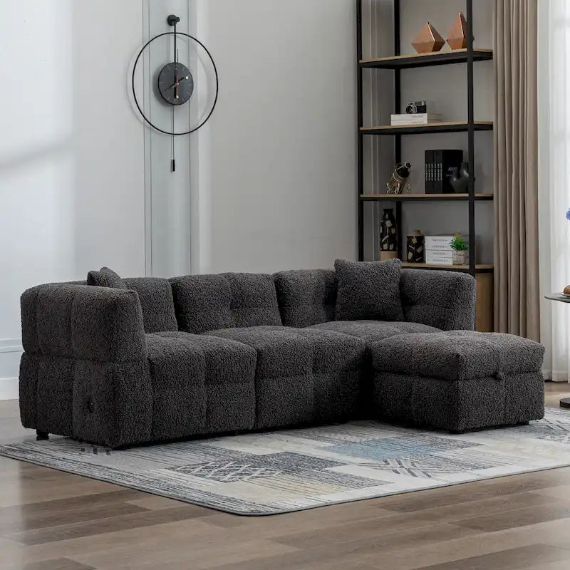 Divano Sezionale a 4 Posti in Pile Orsetto Grigio / Bianco Crema con Pouf