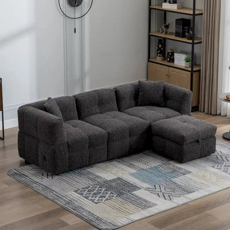 Divano Sezionale a 4 Posti in Pile Orsetto Grigio / Bianco Crema con Pouf