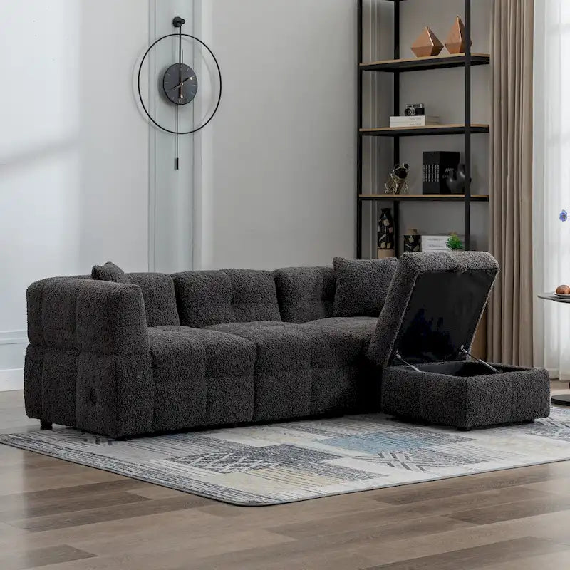 Divano Sezionale a 4 Posti in Pile Orsetto Grigio / Bianco Crema con Pouf