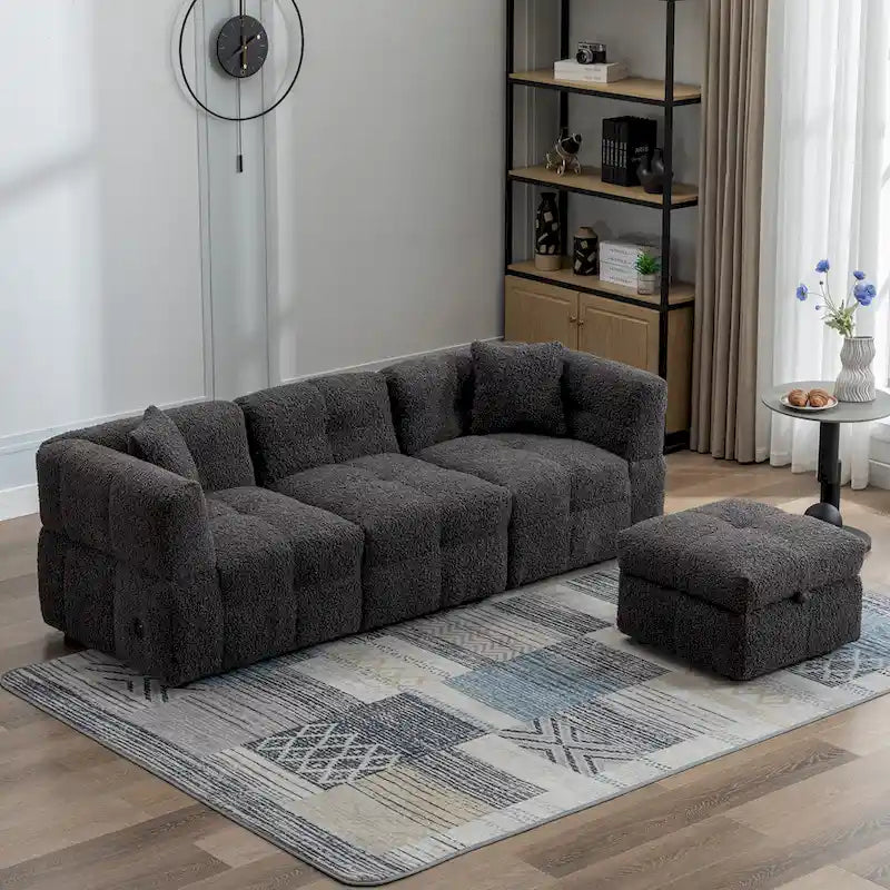Divano Sezionale a 4 Posti in Pile Orsetto Grigio / Bianco Crema con Pouf