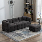 Divano Sezionale a 4 Posti in Pile Orsetto Grigio / Bianco Crema con Pouf