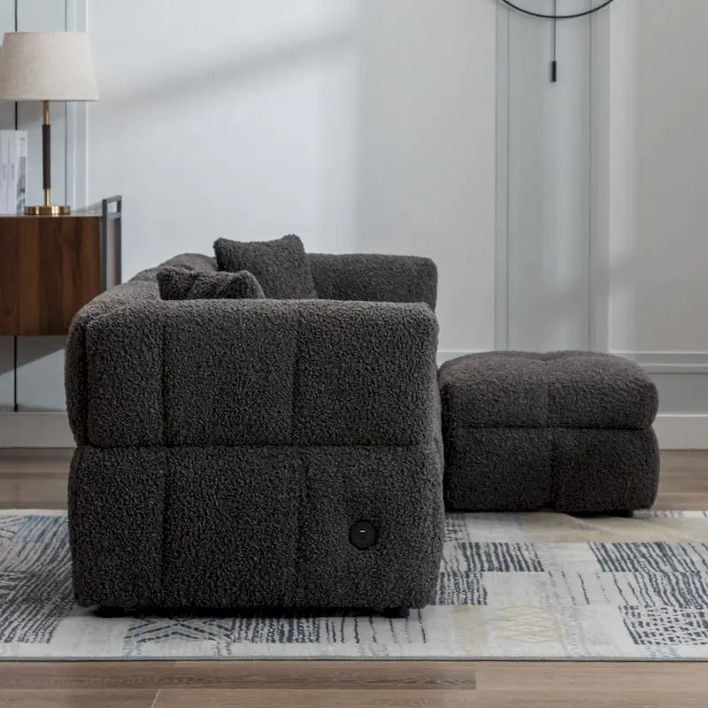 Divano Sezionale a 4 Posti in Pile Orsetto Grigio / Bianco Crema con Pouf