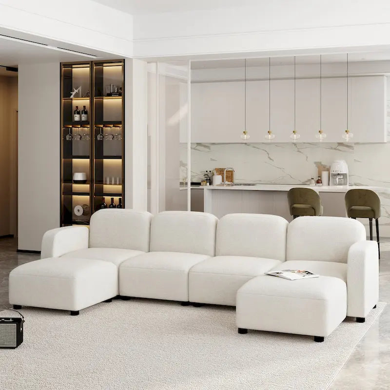 Divano componibile a U in velluto beige, 6 posti