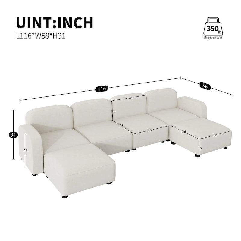 Divano componibile a U in velluto beige, 6 posti
