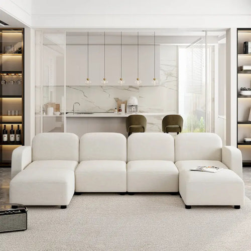 Divano componibile a U in velluto beige, 6 posti