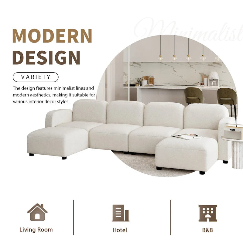 Divano componibile a U in velluto beige, 6 posti