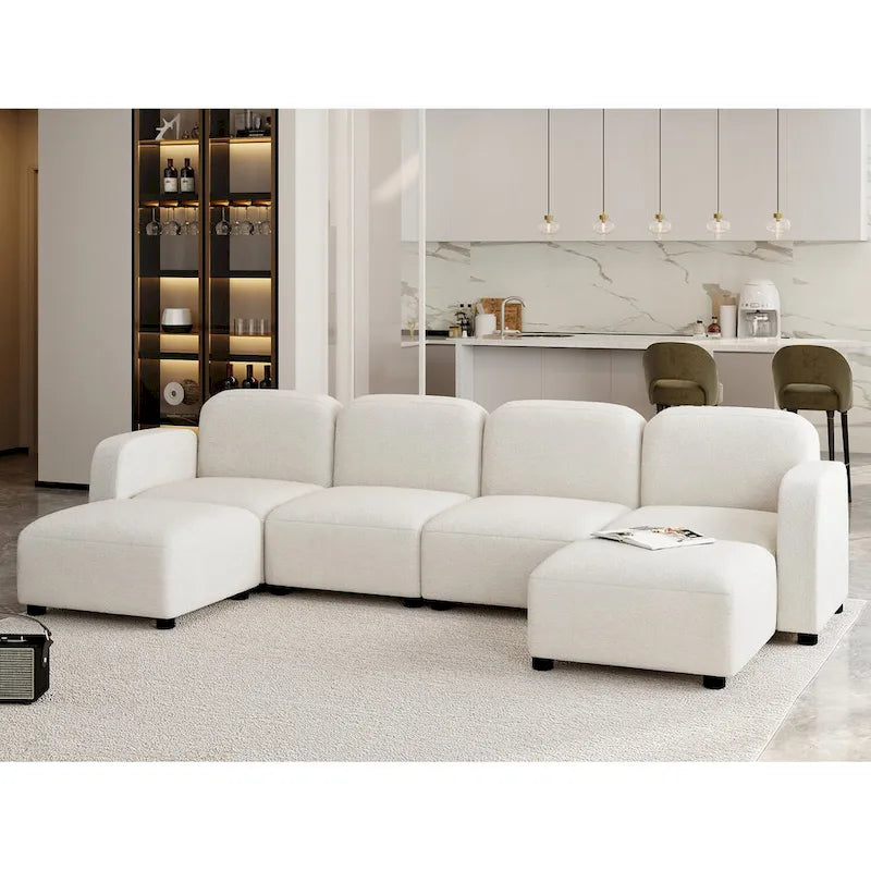 Divano componibile a U in velluto beige, 6 posti