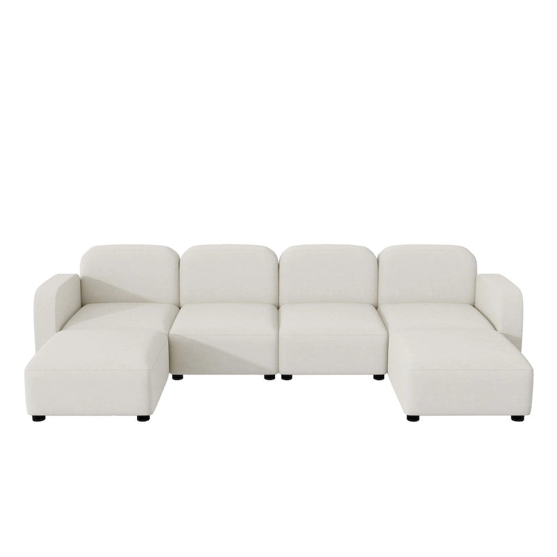 Divano componibile a U in velluto beige, 6 posti