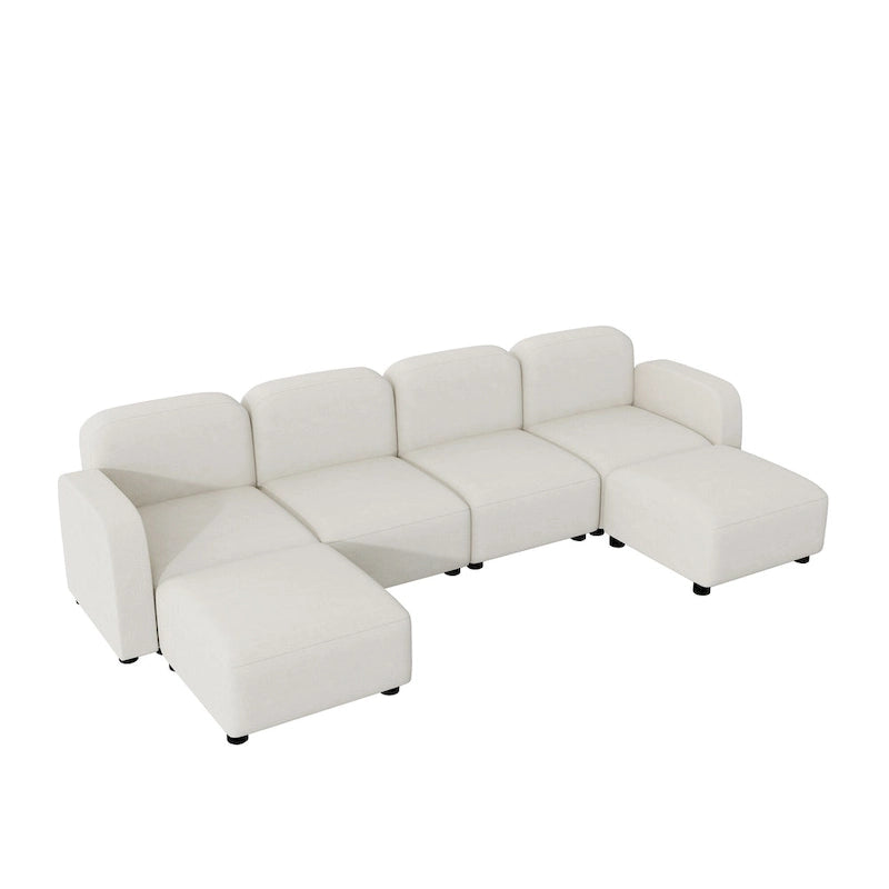 Divano componibile a U in velluto beige, 6 posti