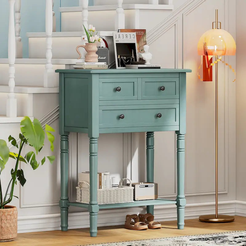 Consolle con 3 cassetti e ripiano inferiore – Blu Navy / Nero / Azzurro / Naturale / Beige, Montaggio da parte di una singola persona