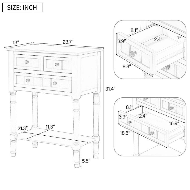 Consolle con 3 cassetti e ripiano inferiore – Blu Navy / Nero / Azzurro / Naturale / Beige, Montaggio da parte di una singola persona