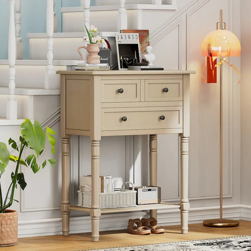 Consolle con 3 cassetti e ripiano inferiore – Blu Navy / Nero / Azzurro / Naturale / Beige, Montaggio da parte di una singola persona