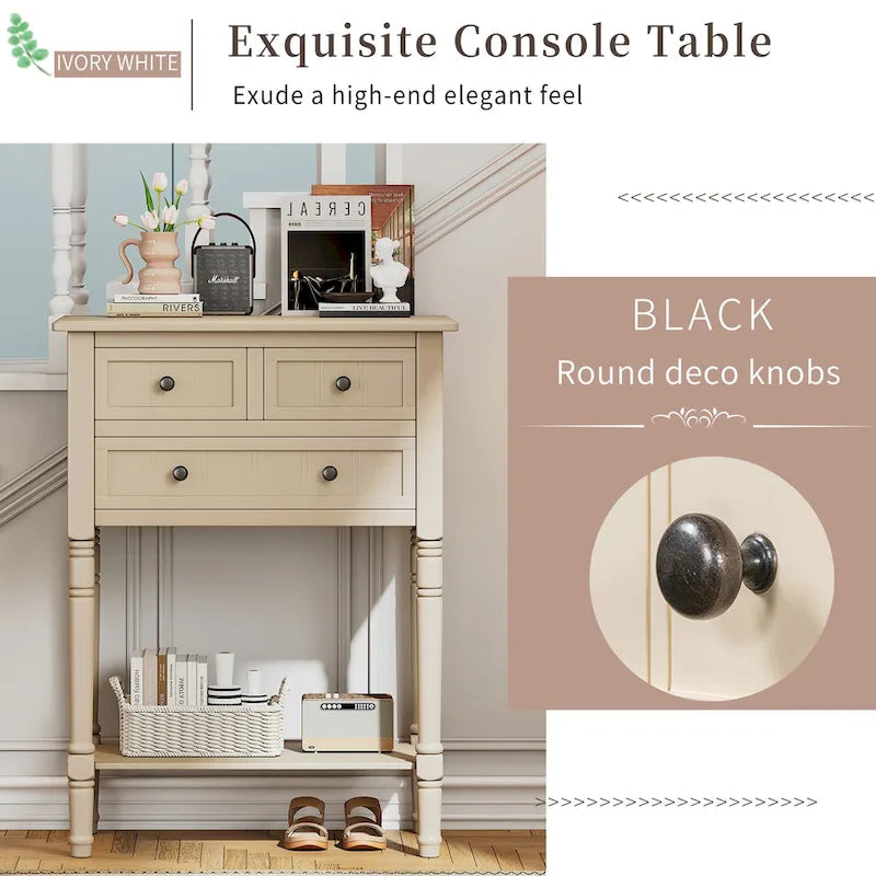 Consolle con 3 cassetti e ripiano inferiore – Blu Navy / Nero / Azzurro / Naturale / Beige, Montaggio da parte di una singola persona