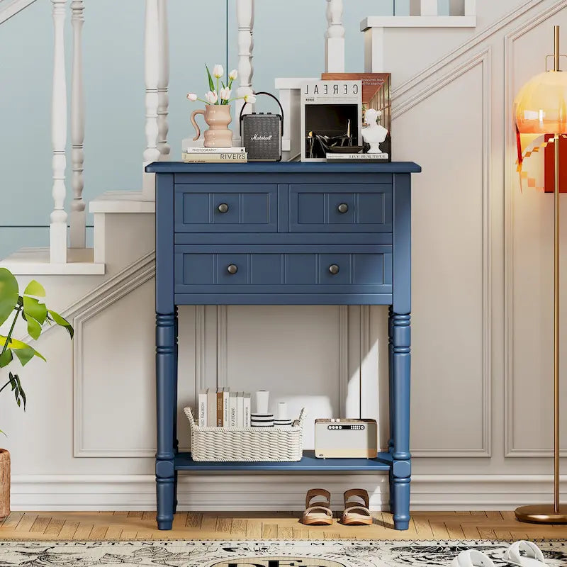 Consolle con 3 cassetti e ripiano inferiore – Blu Navy / Nero / Azzurro / Naturale / Beige, Montaggio da parte di una singola persona