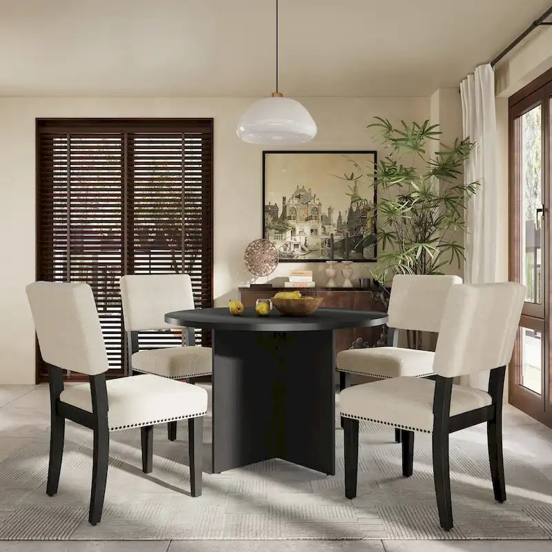 Set da pranzo rotondo 5 pezzi, Naturale/Nero, 4 posti