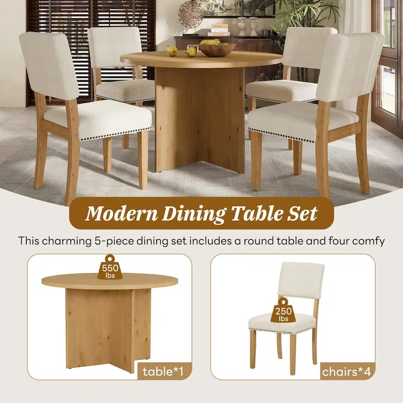 Set da pranzo rotondo 5 pezzi, Naturale/Nero, 4 posti