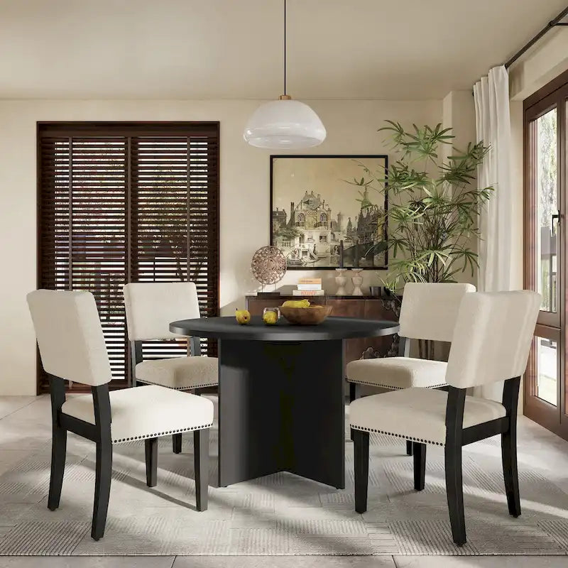 Set da pranzo rotondo 5 pezzi, Naturale/Nero, 4 posti