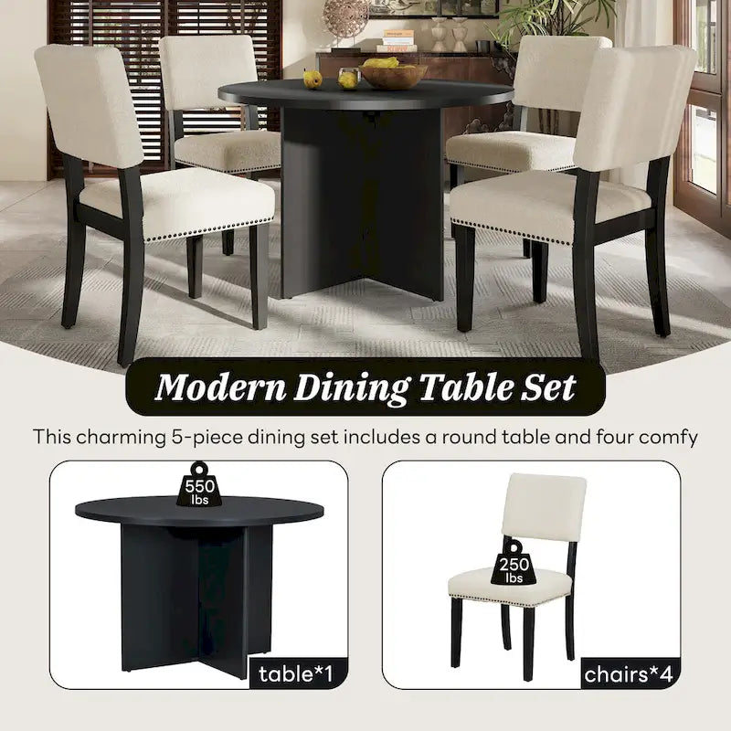 Set da pranzo rotondo 5 pezzi, Naturale/Nero, 4 posti