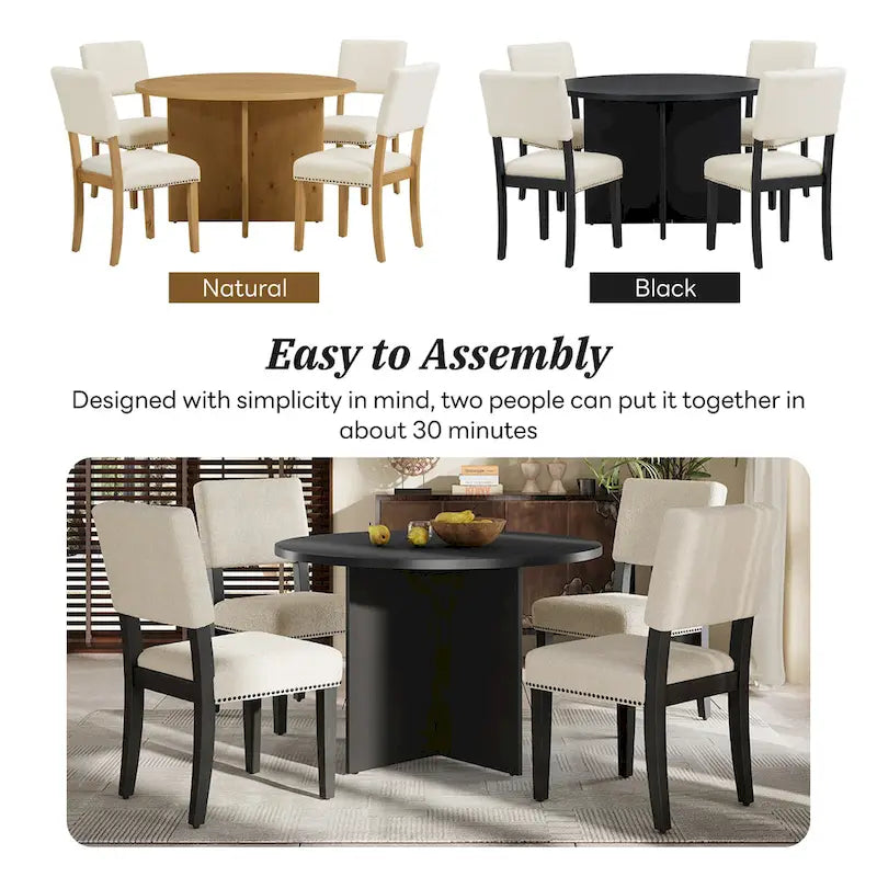 Set da pranzo rotondo 5 pezzi, Naturale/Nero, 4 posti