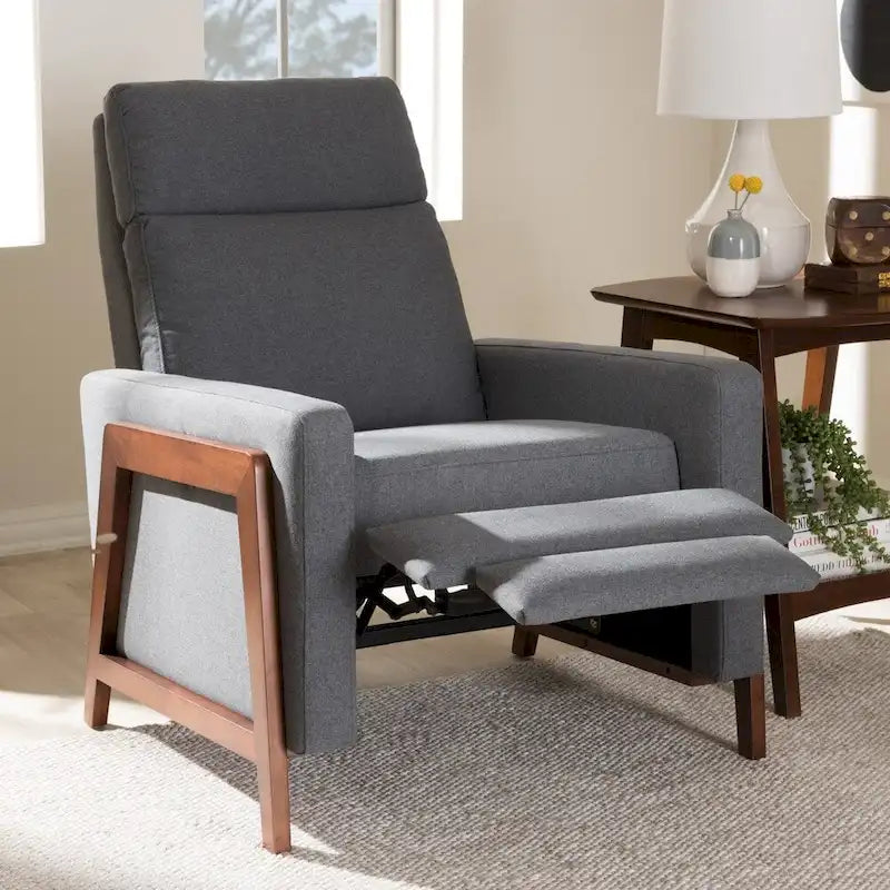 Poltrona reclinabile in tessuto grigio ardesia/blu/grigio, stile Mid-Century, singola