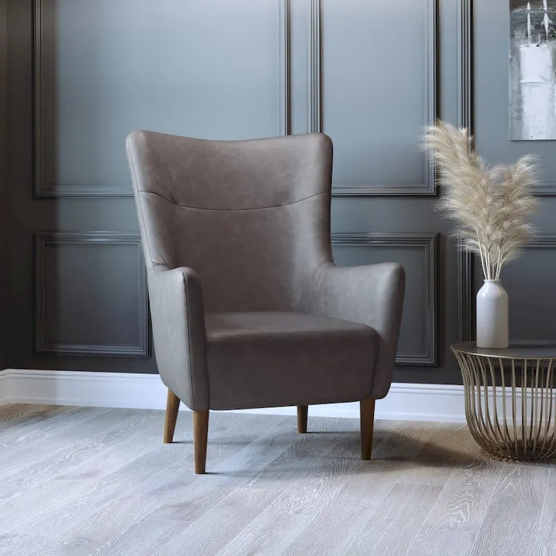 Poltrona d'accento Wingback grigio scuro / marrone scuro / marrone chiaro, imbottita, gambe in legno, 1 posto