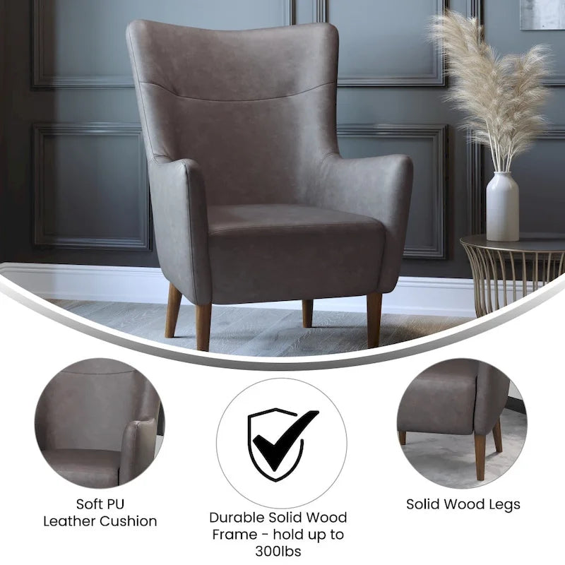 Poltrona d'accento Wingback grigio scuro / marrone scuro / marrone chiaro, imbottita, gambe in legno, 1 posto