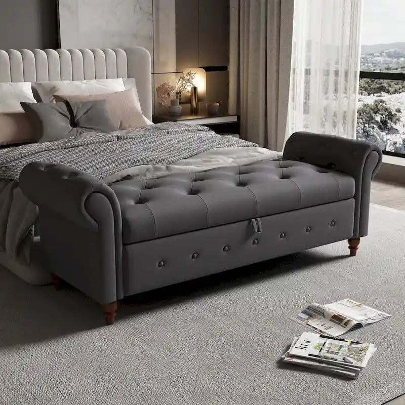 Panca ottomana contenitore in velluto grigio scuro/blu navy/giallo/verde scuro con braccioli arrotolati – 1 persona