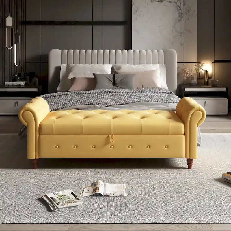 Panca ottomana contenitore in velluto grigio scuro/blu navy/giallo/verde scuro con braccioli arrotolati – 1 persona