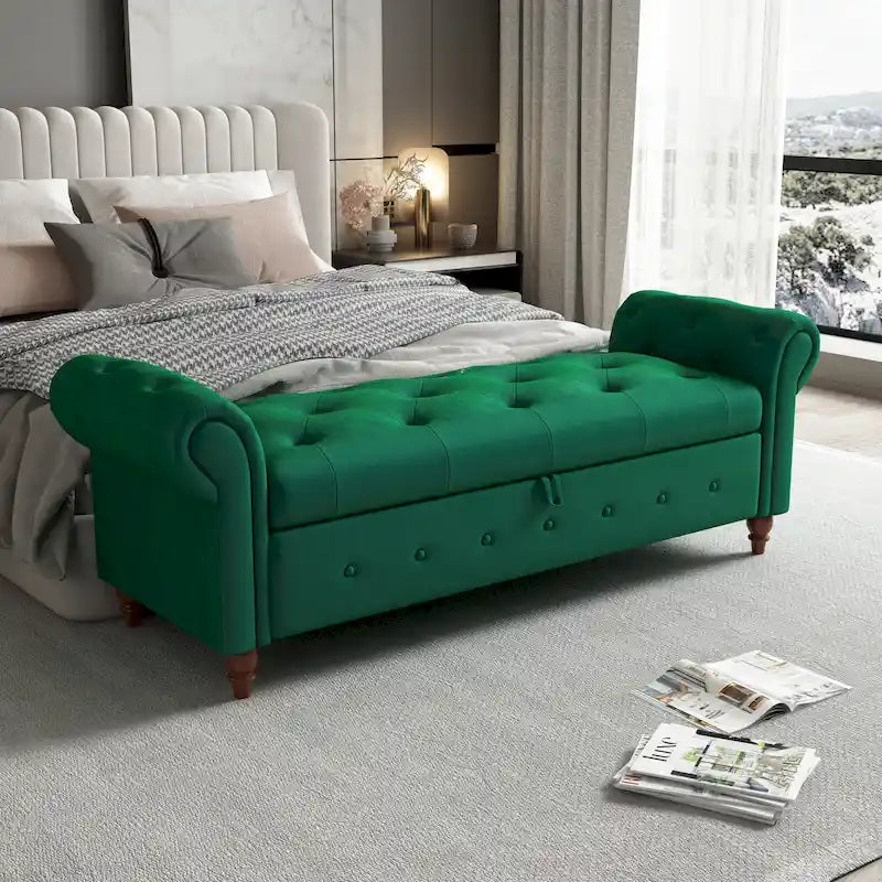 Panca ottomana contenitore in velluto grigio scuro/blu navy/giallo/verde scuro con braccioli arrotolati – 1 persona