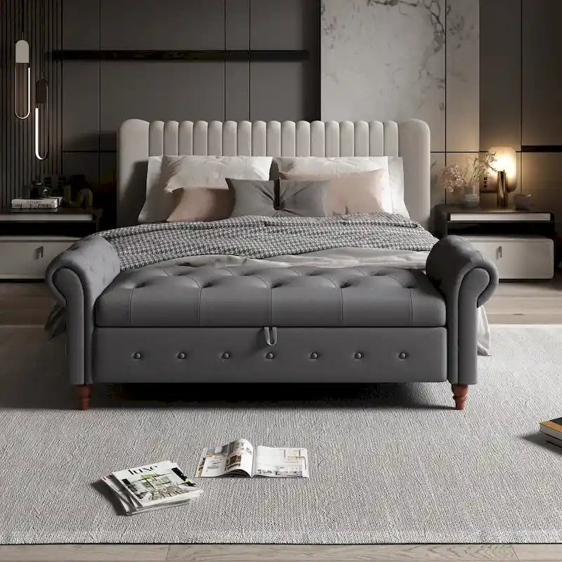 Panca ottomana contenitore in velluto grigio scuro/blu navy/giallo/verde scuro con braccioli arrotolati – 1 persona