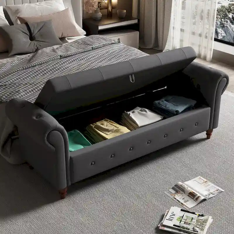Panca ottomana contenitore in velluto grigio scuro/blu navy/giallo/verde scuro con braccioli arrotolati – 1 persona