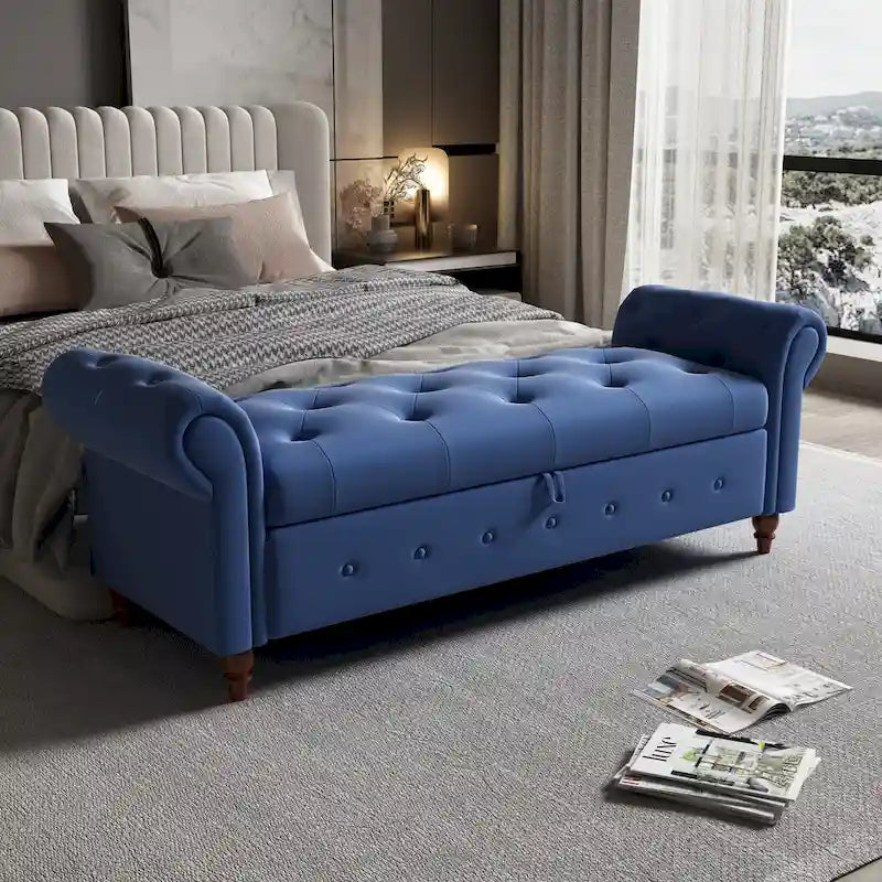 Panca ottomana contenitore in velluto grigio scuro/blu navy/giallo/verde scuro con braccioli arrotolati – 1 persona
