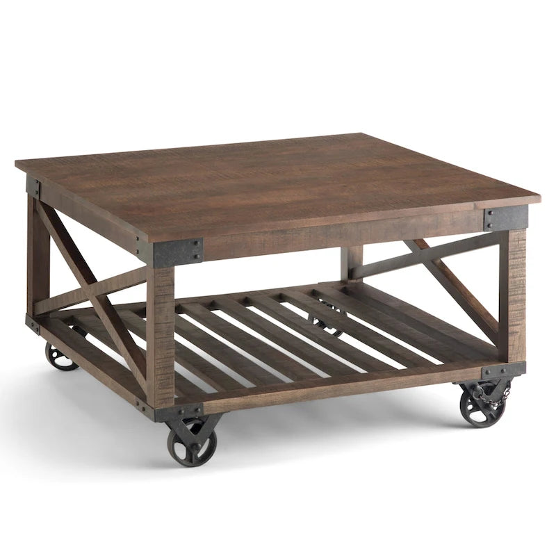 Tavolino quadrato – marrone scuro anticato, stile industriale, 1 piano