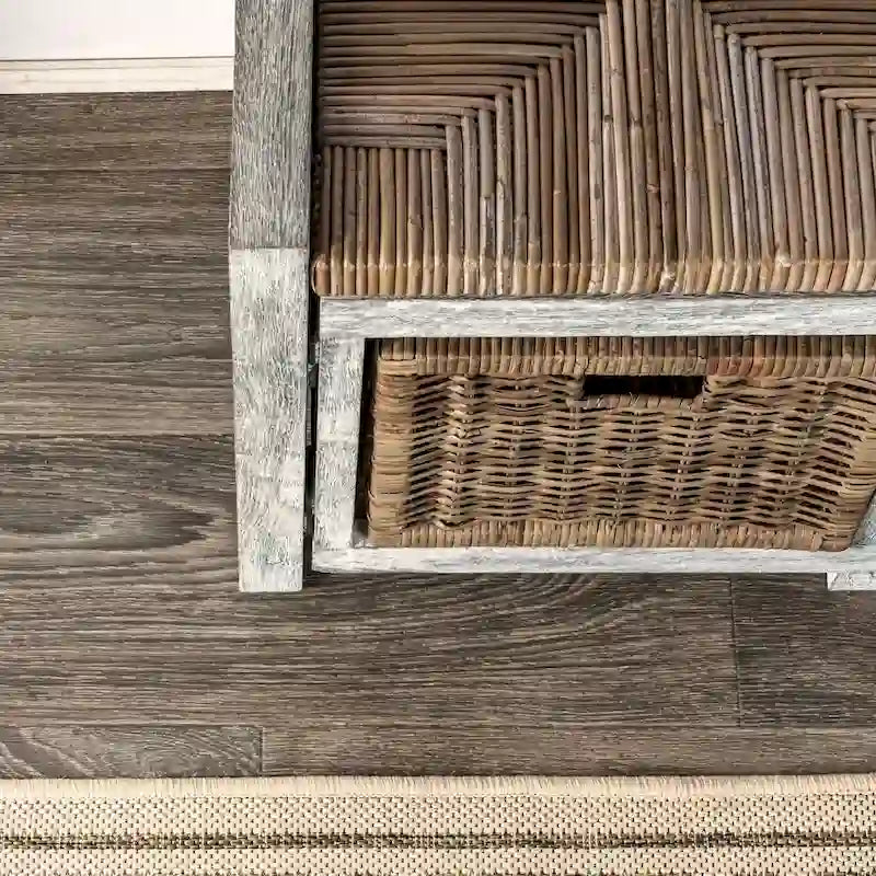 Panca contenitore in vimini grigio con 2 cestini, stile rustico