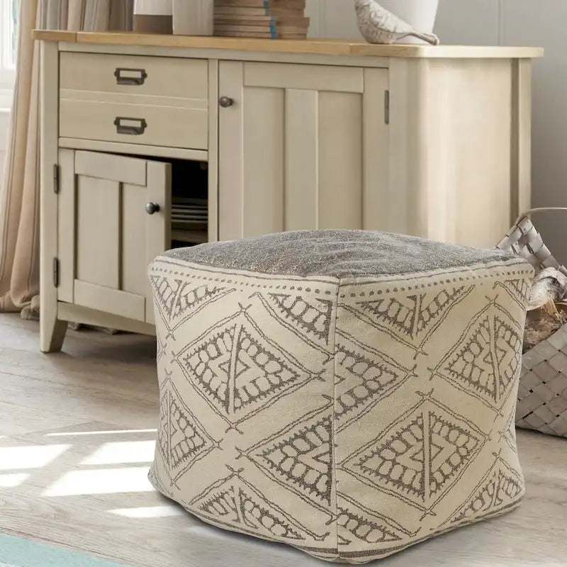 Pouf in Cotone a Fantasia Geometrica Beige/Grigio, Posto Singolo
