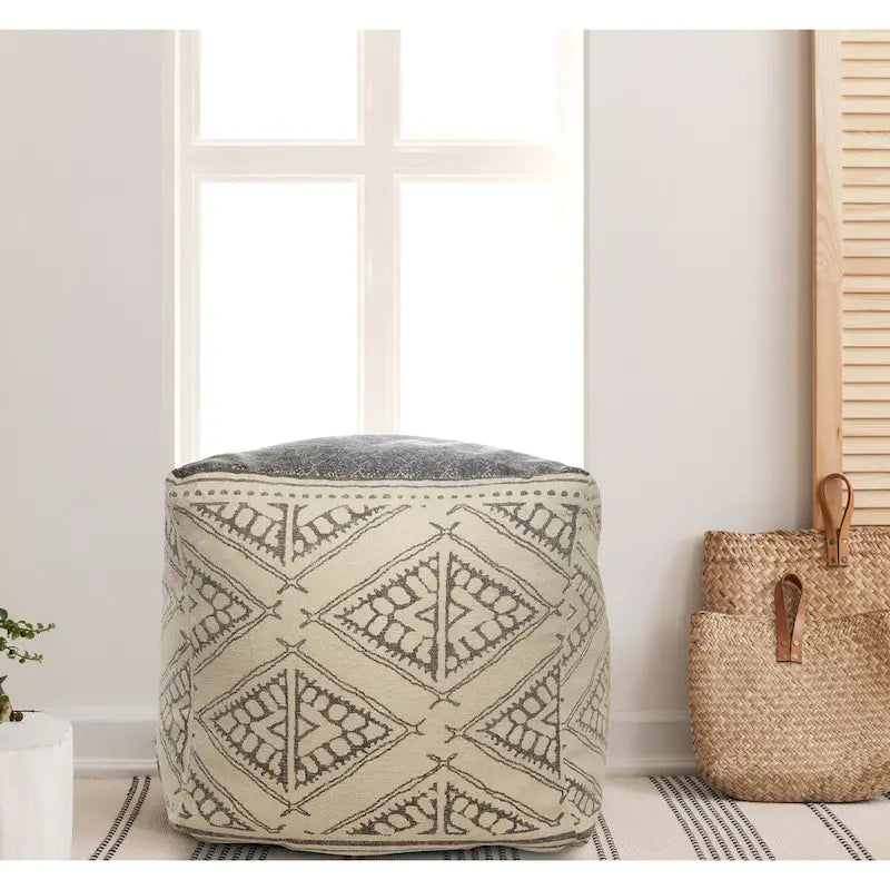 Pouf in Cotone a Fantasia Geometrica Beige/Grigio, Posto Singolo