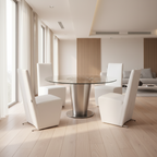 Tavolo da pranzo rotondo in vetro trasparente con base in acciaio inossidabile – Posti 4–6
