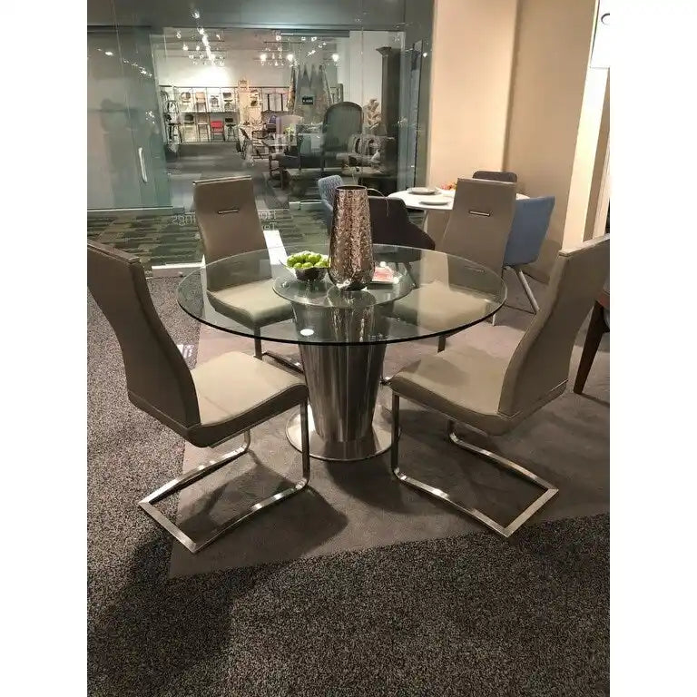 Tavolo da pranzo rotondo in vetro trasparente con base in acciaio inossidabile – Posti 4–6