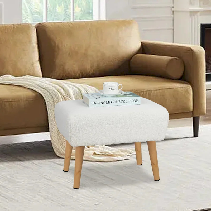 Poggiapiedi/Ottoman in tessuto di velluto bianco a righe con gambe in legno, 1 persona