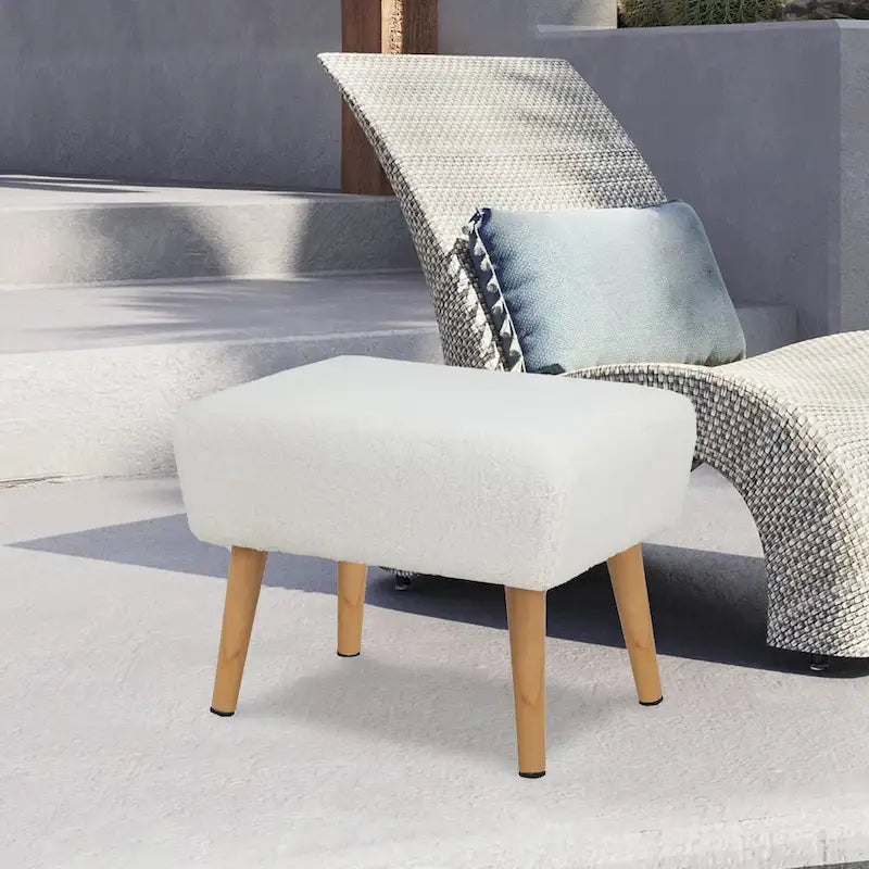 Poggiapiedi/Ottoman in tessuto di velluto bianco a righe con gambe in legno, 1 persona
