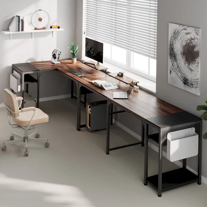 Scrivania angolare a L marrone rustico con supporto per monitor, reversibile, 1-2 persone