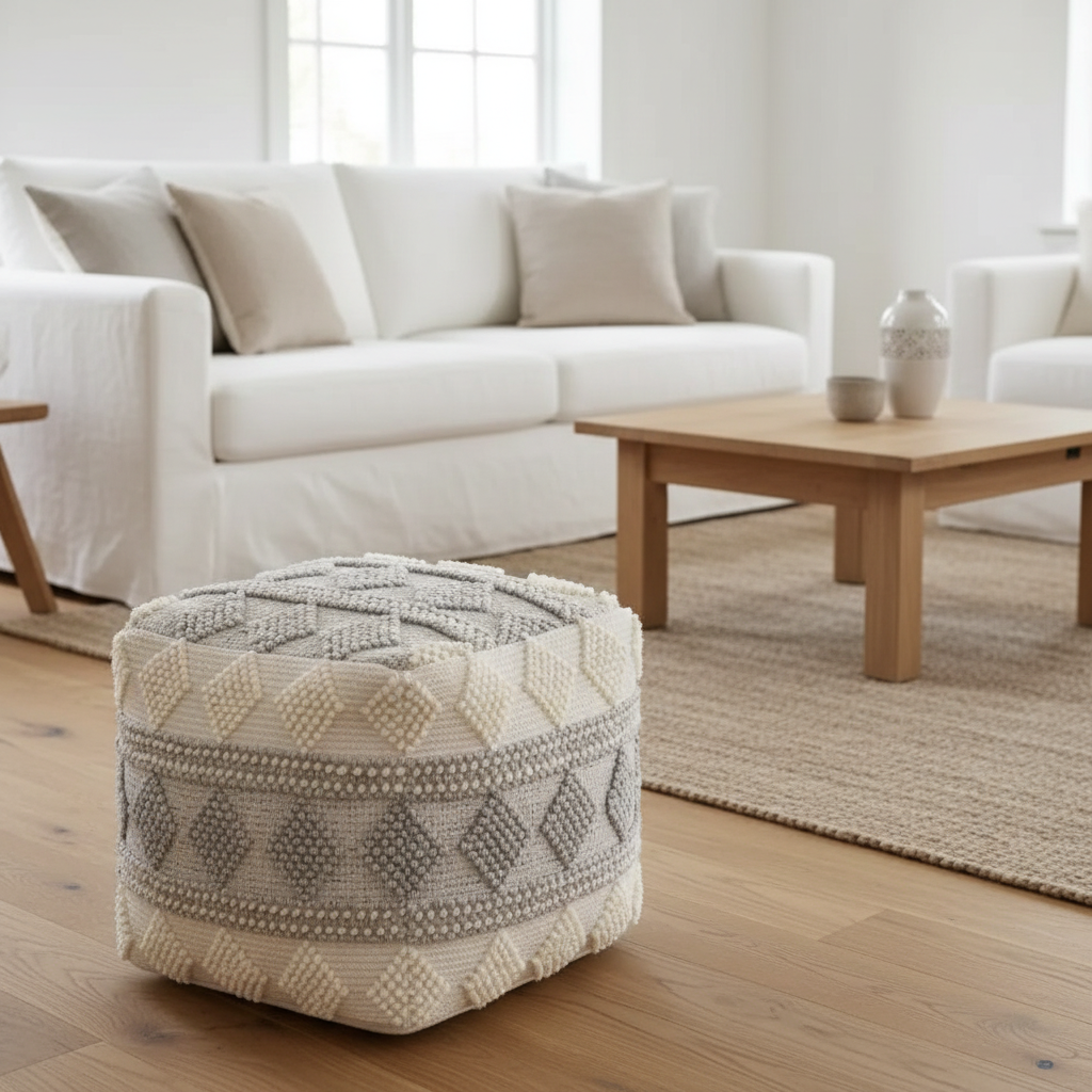 Pouf a cubo geometrico crema – Poliestere – Singolo