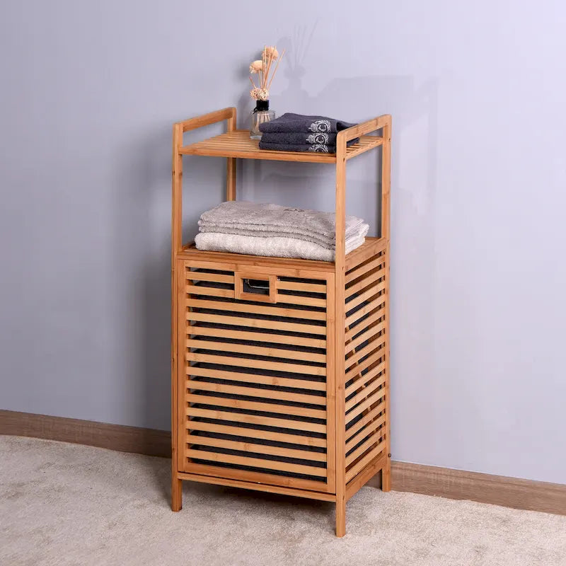 Mobile bagno marrone in bambù con cesto portabiancheria, 2 ripiani, 1 persona