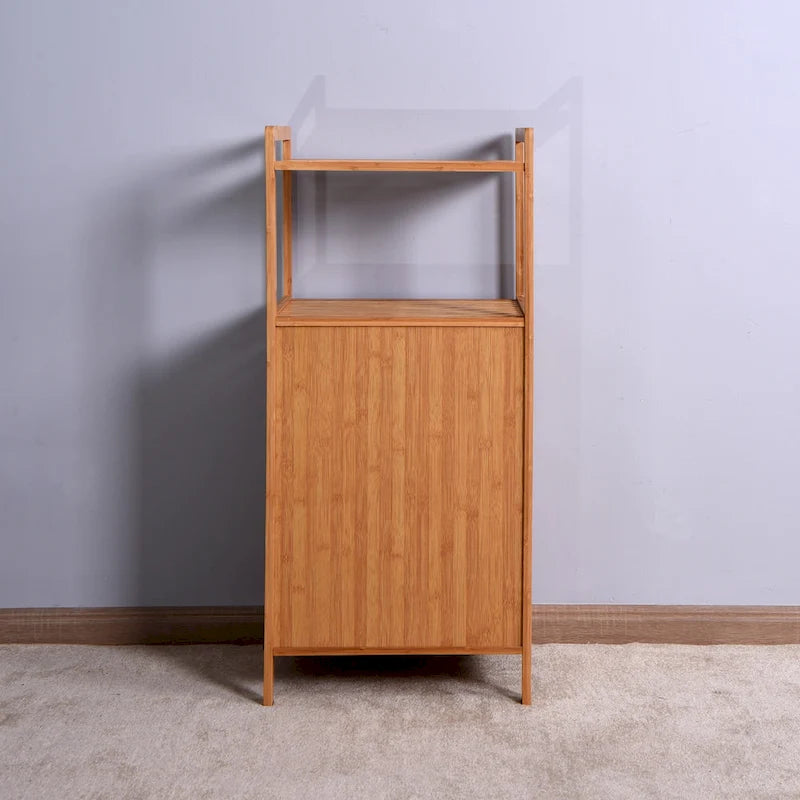Mobile bagno marrone in bambù con cesto portabiancheria, 2 ripiani, 1 persona