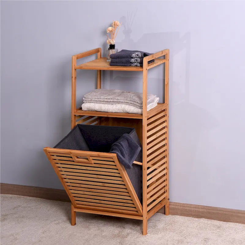 Mobile bagno marrone in bambù con cesto portabiancheria, 2 ripiani, 1 persona