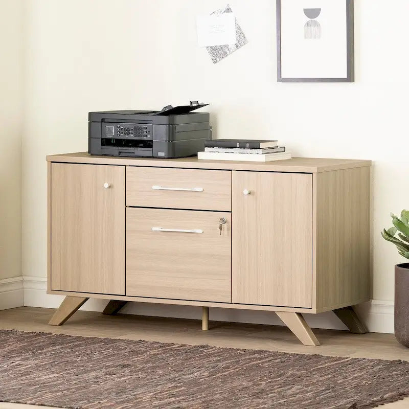 Credenza marrone/beige a 2 cassetti con ante – 1 persona