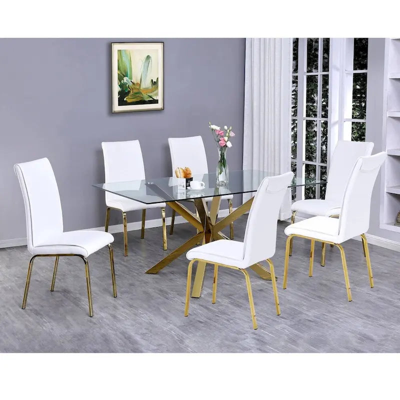 Set da pranzo da 7 pezzi grigio scuro/argento – Tavolo in vetro e sedie in ecopelle, 6 posti