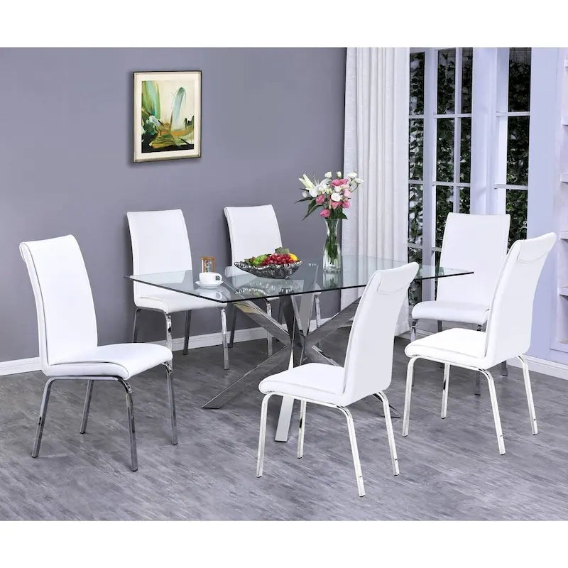 Set da pranzo da 7 pezzi grigio scuro/argento – Tavolo in vetro e sedie in ecopelle, 6 posti