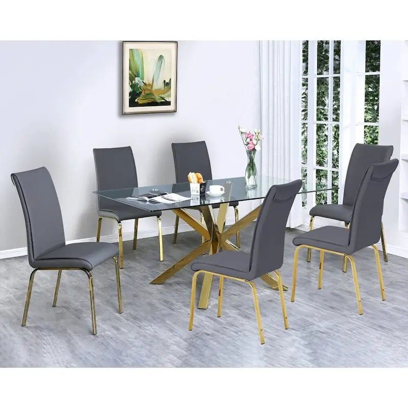 Set da pranzo da 7 pezzi grigio scuro/argento – Tavolo in vetro e sedie in ecopelle, 6 posti